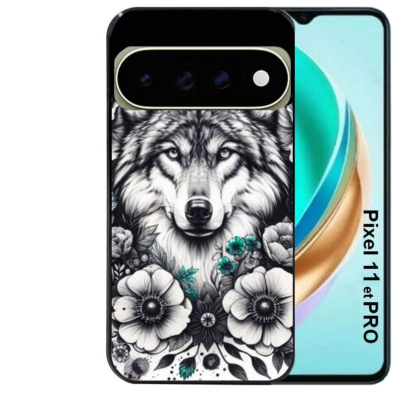 Coque pour Pixel 10 / 11 / PRO / XL loup et fleur