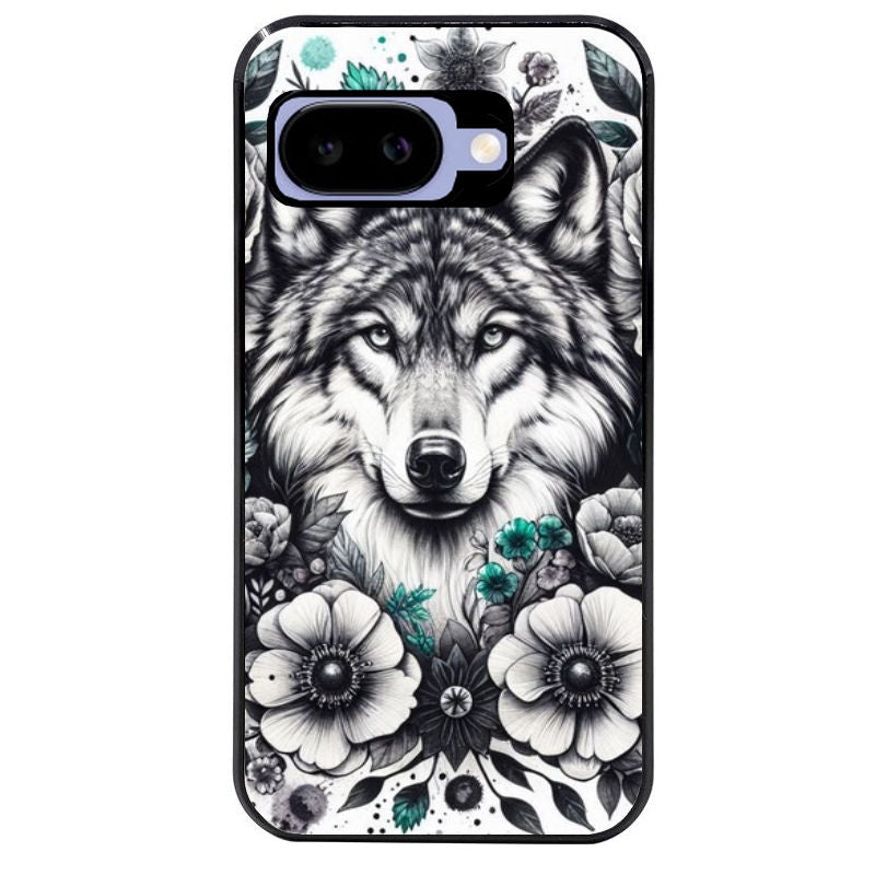 Coque pour Pixel 8A 9A 10A loup et fleur