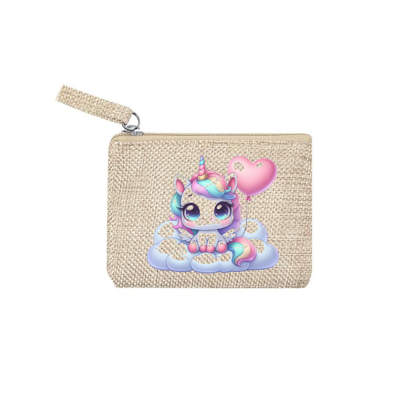 Pochette personnalisée motif licorne nuage en toile et simili cuir personnalisée