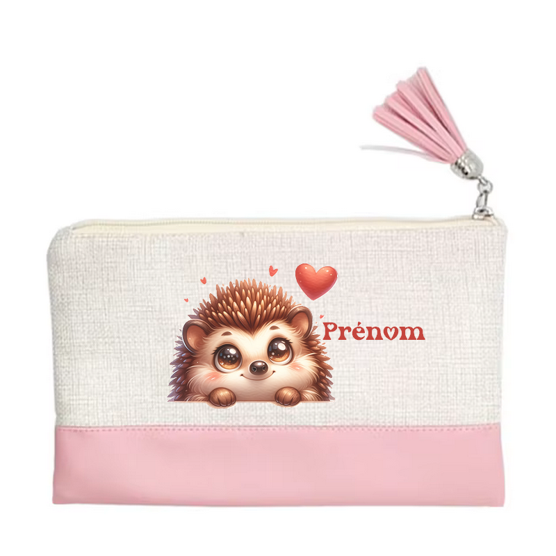 Pochette personnalisée motif herisson cœur en toile et simili cuir personnalisée