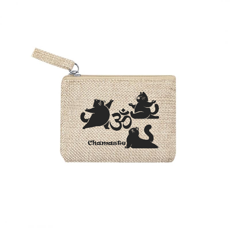 Pochette motif chat namaste en toile et simili cuir