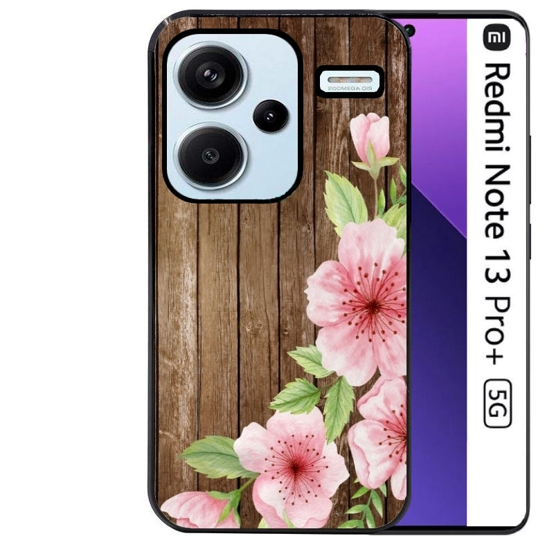 Coque noire taperso pour Redmi Note 13 PRO PLUS 5G avec motif bois avec fleur rose protection antichoc personnalisée