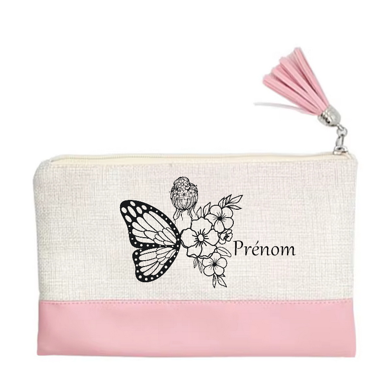 Pochette personnalisée motif femme papillon en toile et simili cuir personnalisée