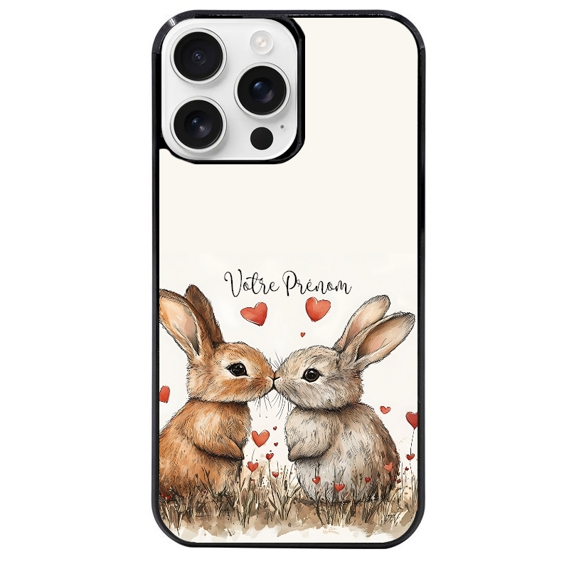 Coque noire taperso pour Iphone 16 16E PLUS MAX PRO avec motif lapin coeur avec prenom protection antichoc personnalisée
