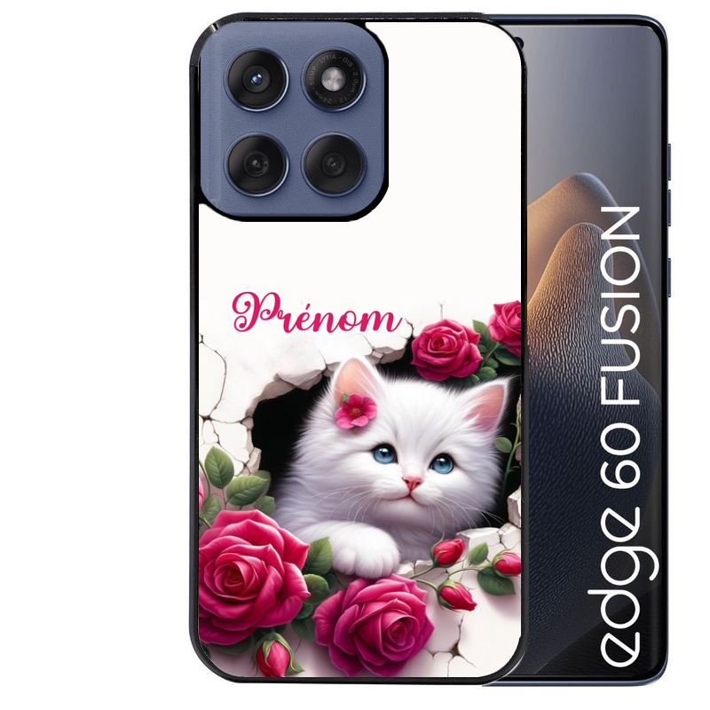 Coque noire taperso pour Moto Edge 60 et Neo Fusion Pro avec motif chat fleurs personnalisee protection antichoc personnalisée