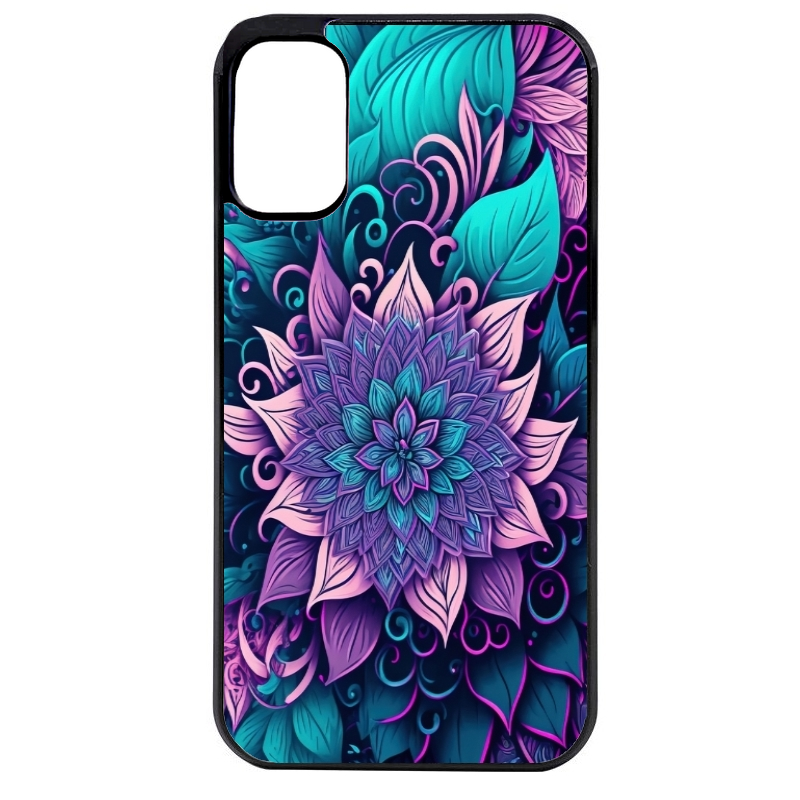 Coque noire taperso pour Moto E13 E14 E15 avec motif tropical mandala et fleur violet protection antichoc personnalisée