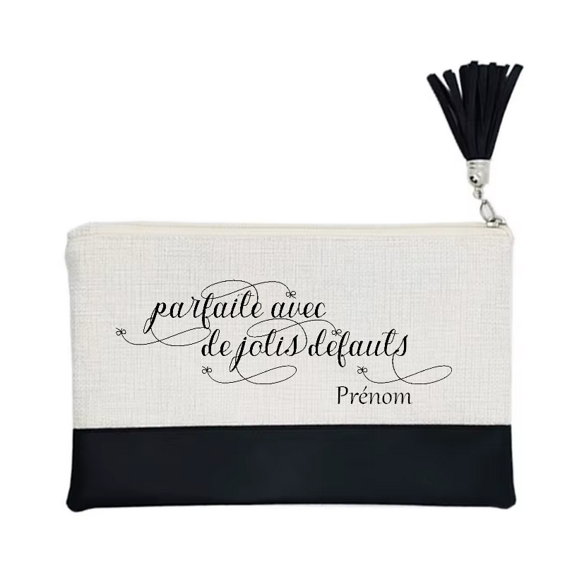 Pochette personnalisée motif parfaite defauts en toile et simili cuir personnalisée