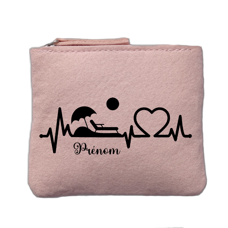 Porte monnaie personnalisé motif plage vacances rose clair en feutrine en feutrine