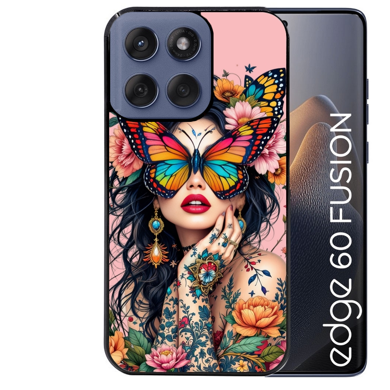 Coque noire taperso pour Moto Edge 60 et Neo Fusion Pro avec motif femme papillon protection antichoc personnalisée