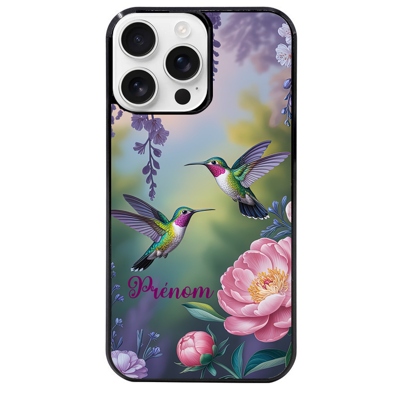 Coque noire taperso pour Iphone 16 16E PLUS MAX PRO avec motif colibri couple personnalise protection antichoc personnalisée