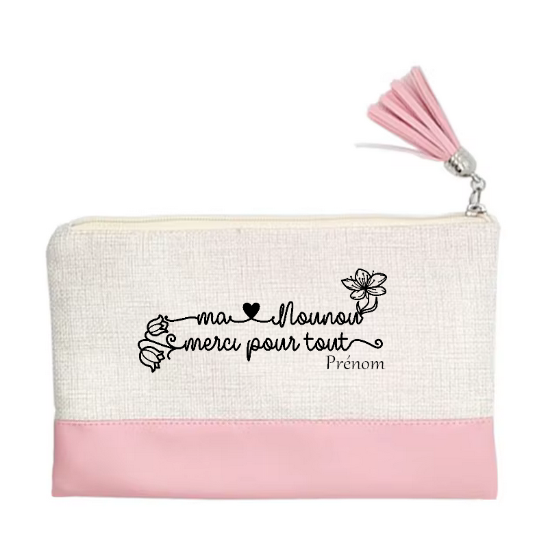 Pochette personnalisée motif nounou merci en toile et simili cuir personnalisée