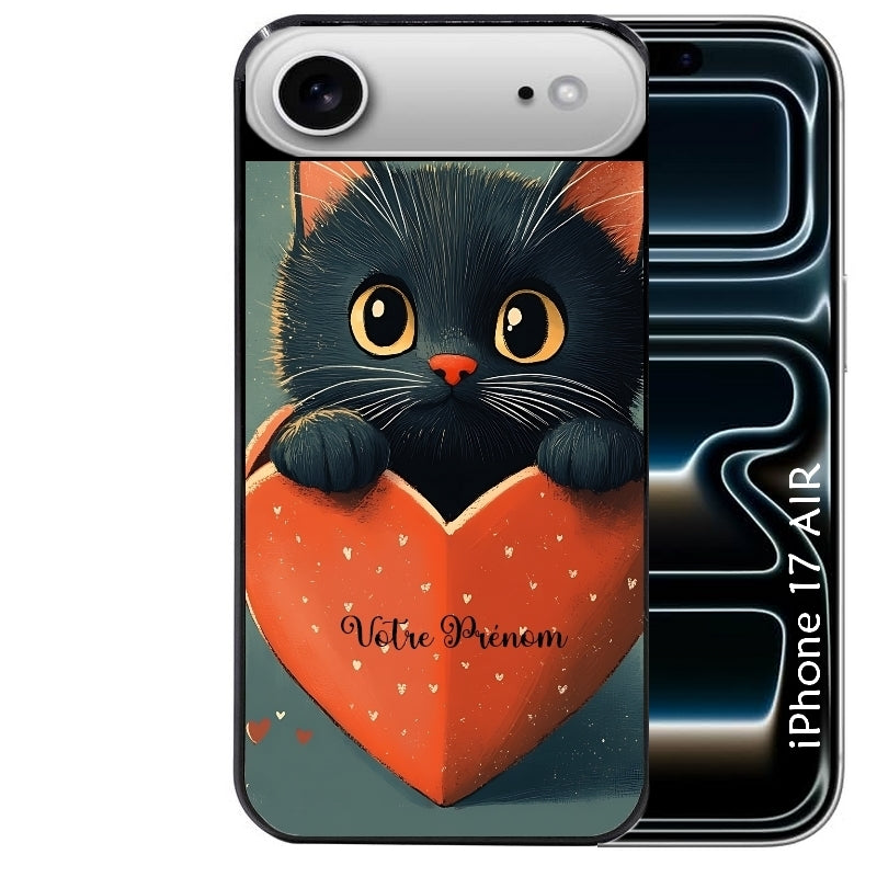 Coque noire taperso pour Iphone 17 17E AIR MAX PRO avec motif chat et coeur avec prenom protection antichoc personnalisée