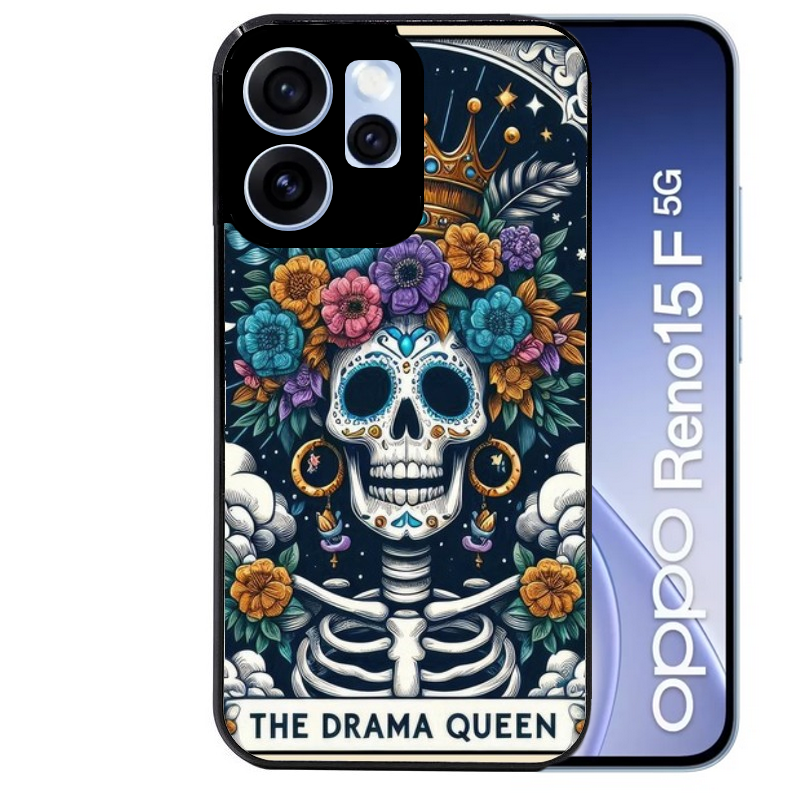 Coque noire taperso pour OPPO Reno 15 et F FS 5G avec motif tete de mort drama queen protection antichoc personnalisée