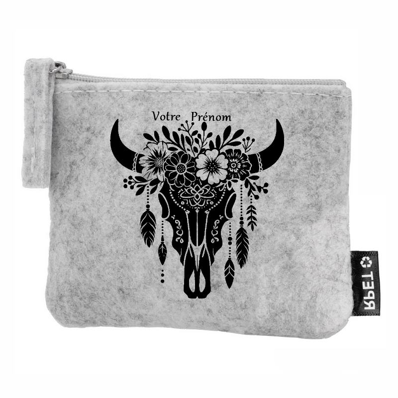 Porte monnaie personnalisé skull bull en feutrine en feutrine