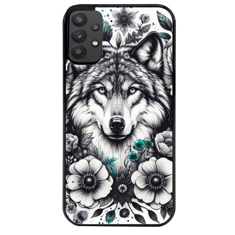 Coque noire taperso pour galaxy A22 A32 A52 A52S 4G 5G  avec motif loup et fleur protection antichoc personnalisée