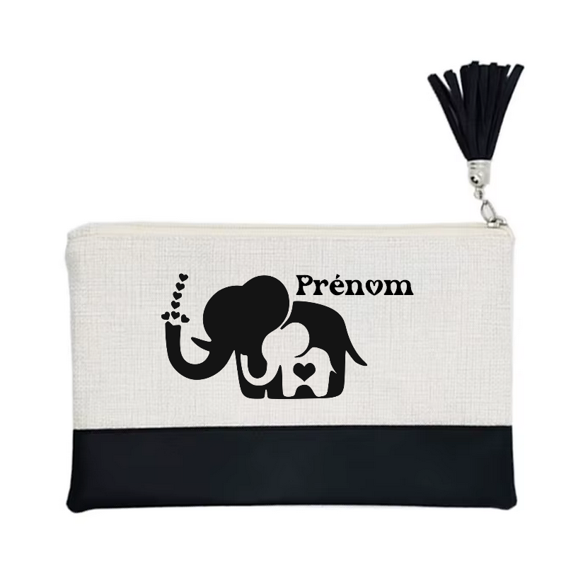 Pochette personnalisée motif elephant maman en toile et simili cuir personnalisée