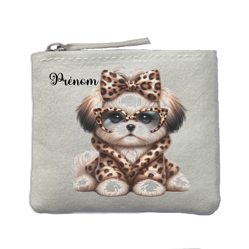 Porte monnaie personnalisé chien leopard ivoire en feutrine en feutrine ivoire