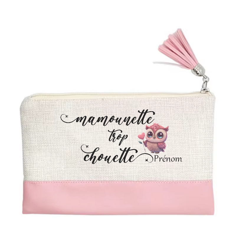 Pochette personnalisée motif maman chouette en toile et simili cuir personnalisée
