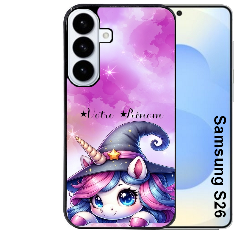 Coque noire taperso pour galaxy S26 et PLUS ULTRA FE avec motif licorne magic avec prenom protection antichoc personnalisée