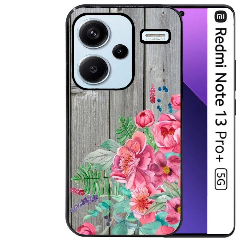 Coque noire taperso pour Redmi Note 13 PRO PLUS 5G avec motif bois gris et fleur rose protection antichoc personnalisée