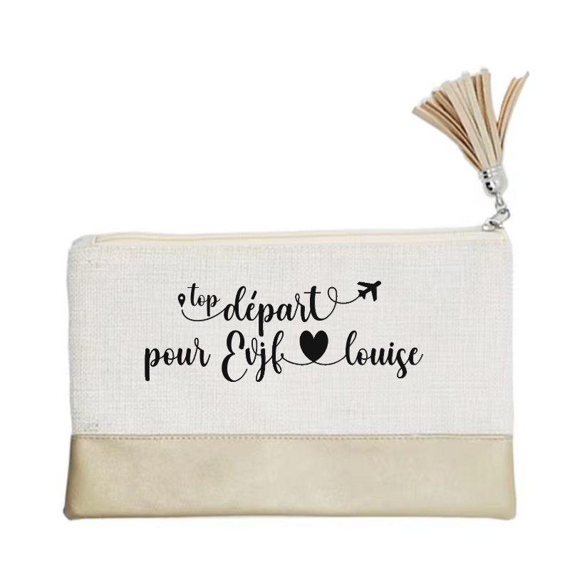 Pochette personnalisée motif EVJF top depart en toile et simili cuir personnalisée