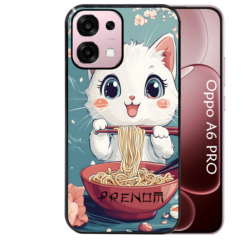 Coque noire taperso pour OPPO A6 PRO 4G et 5G avec motif chat ramen cerisier protection antichoc personnalisée