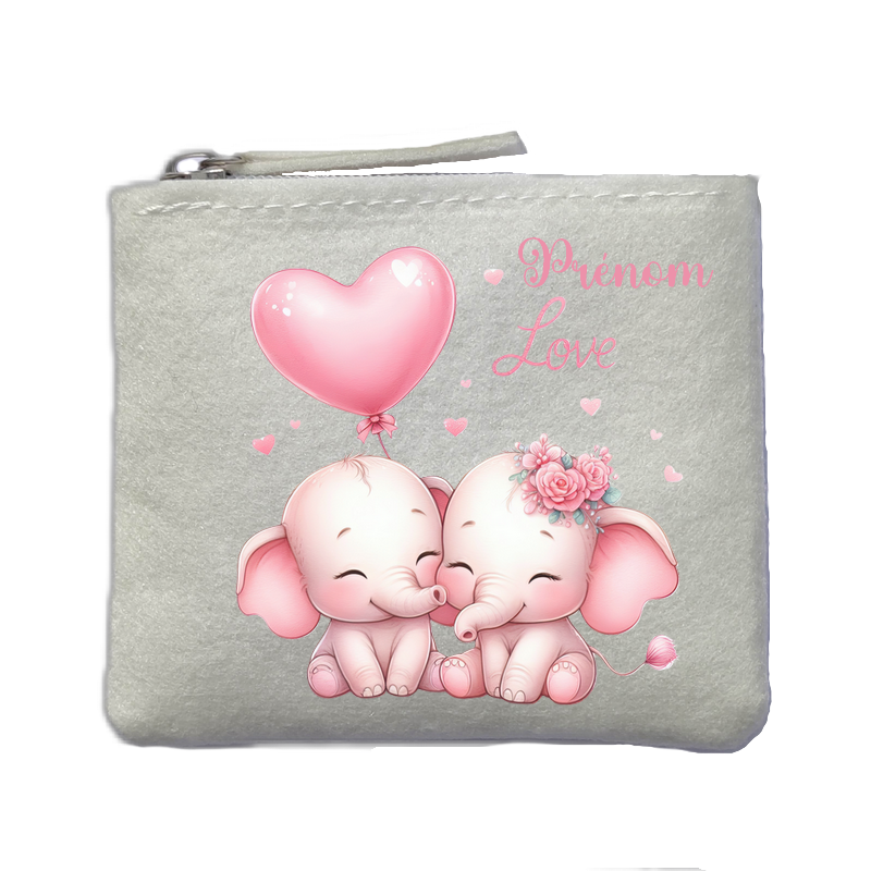 Porte monnaie personnalisé elephant love ivoire en feutrine en feutrine ivoire
