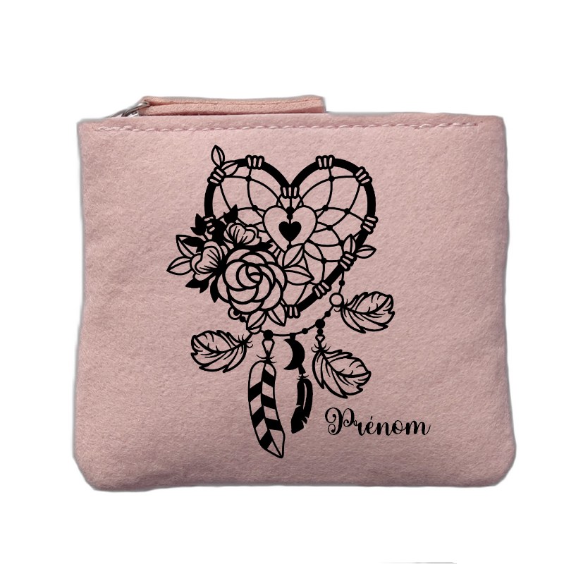 Porte monnaie personnalisé motif dreamcatcher coeur rose clair en feutrine en feutrine
