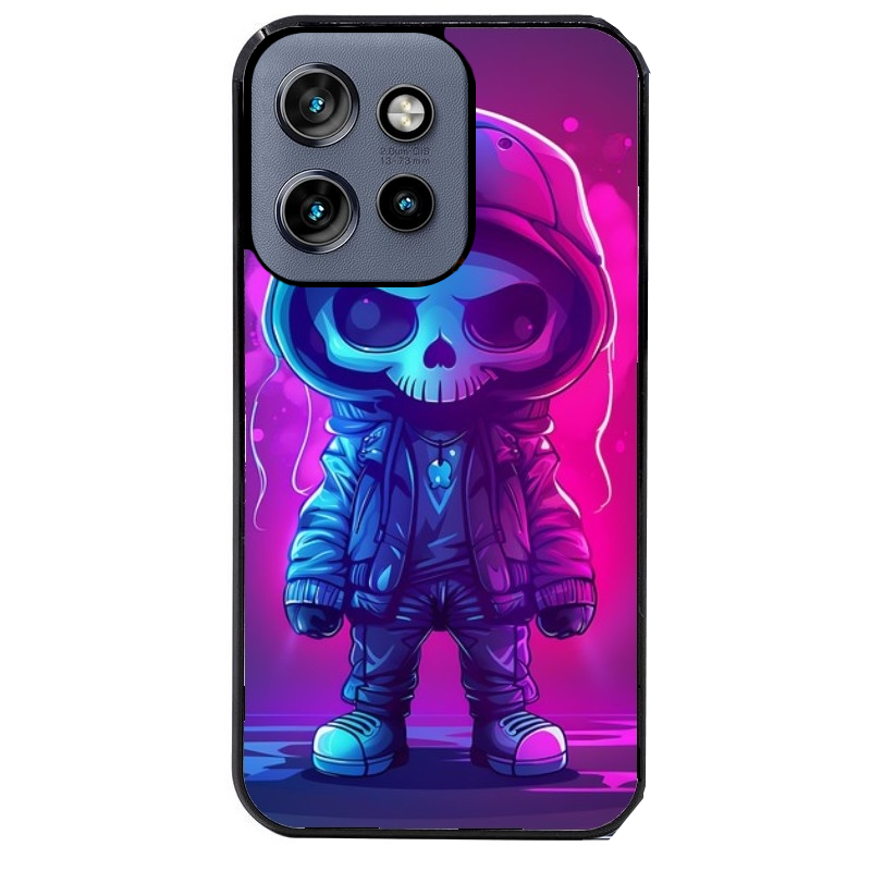 Coque noire taperso pour Moto Edge 60 et Neo Fusion Pro avec motif tete de mort skull fluo protection antichoc personnalisée