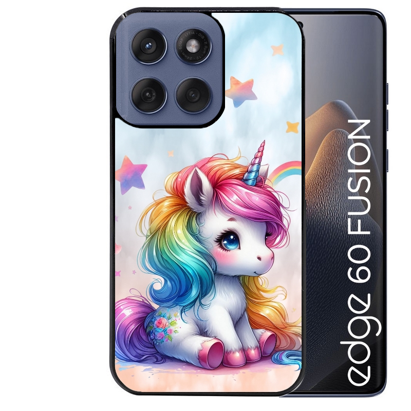 Coque noire taperso pour Moto Edge 60 et Neo Fusion Pro avec motif licorne et etoiles protection antichoc personnalisée