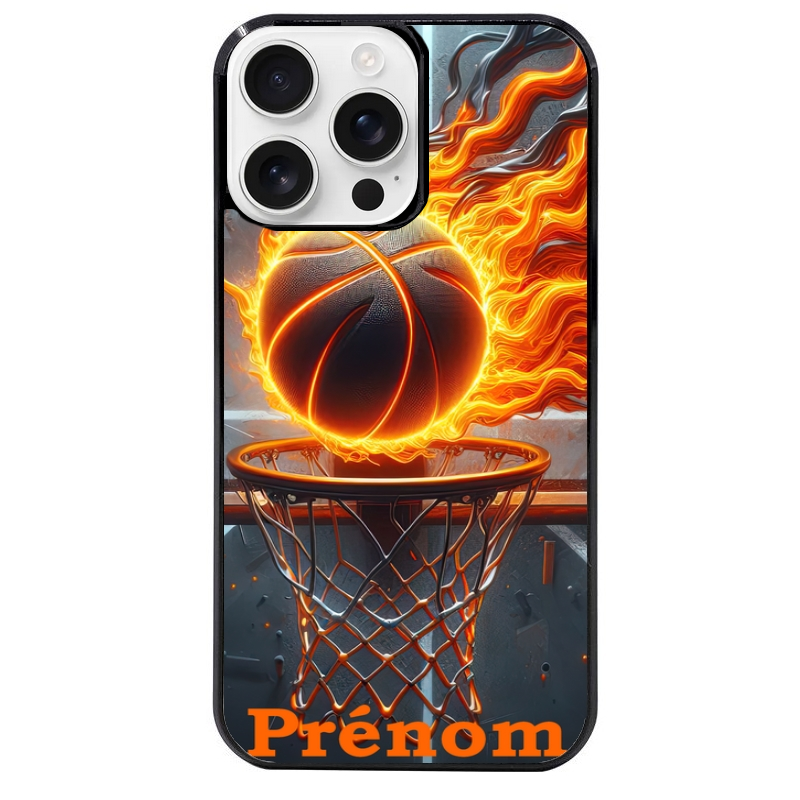 Coque noire taperso pour Iphone 16 16E PLUS MAX PRO avec motif basket flamme personnalisee protection antichoc personnalisée