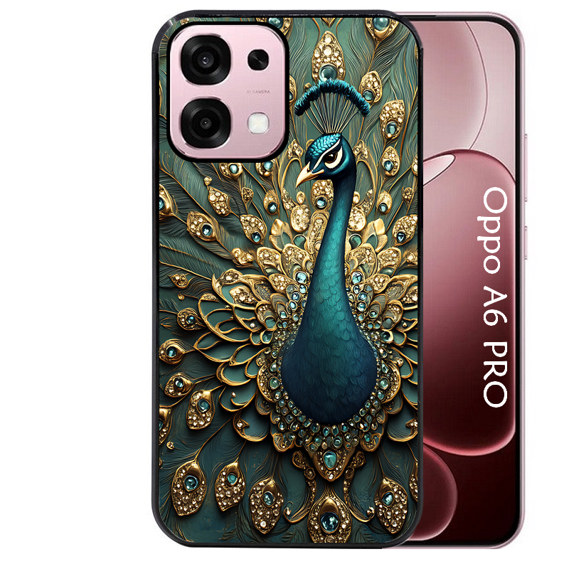 Coque noire taperso pour OPPO A6 PRO 4G et 5G avec motif paon bijoux protection antichoc personnalisée