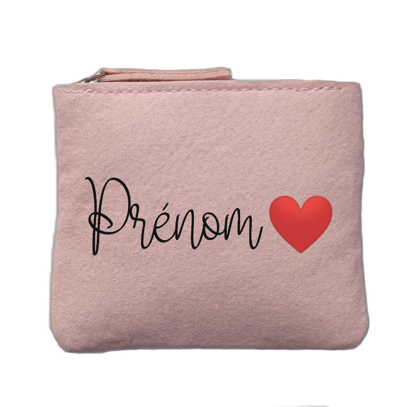 Porte monnaie personnalisé motif prenom coeur rose clair en feutrine en feutrine