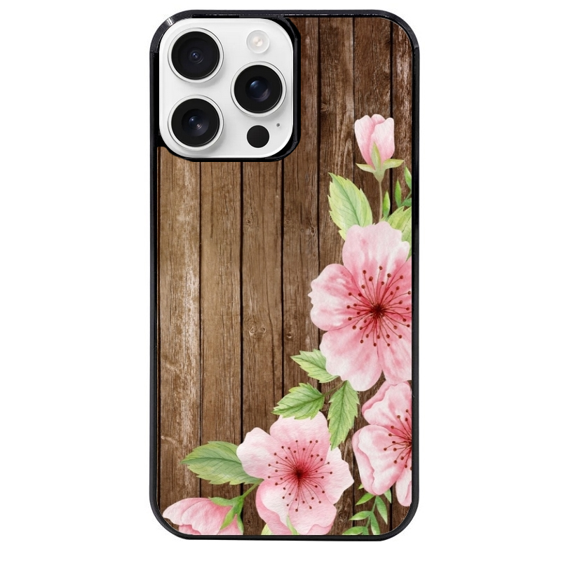 Coque noire taperso pour Iphone 16 16E PLUS MAX PRO avec motif bois avec fleur rose protection antichoc personnalisée