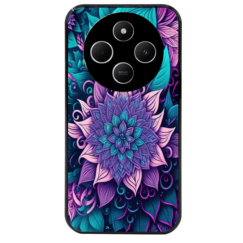 Coque noire taperso pour POCO C75 avec motif tropical mandala et fleur violet protection antichoc personnalisée