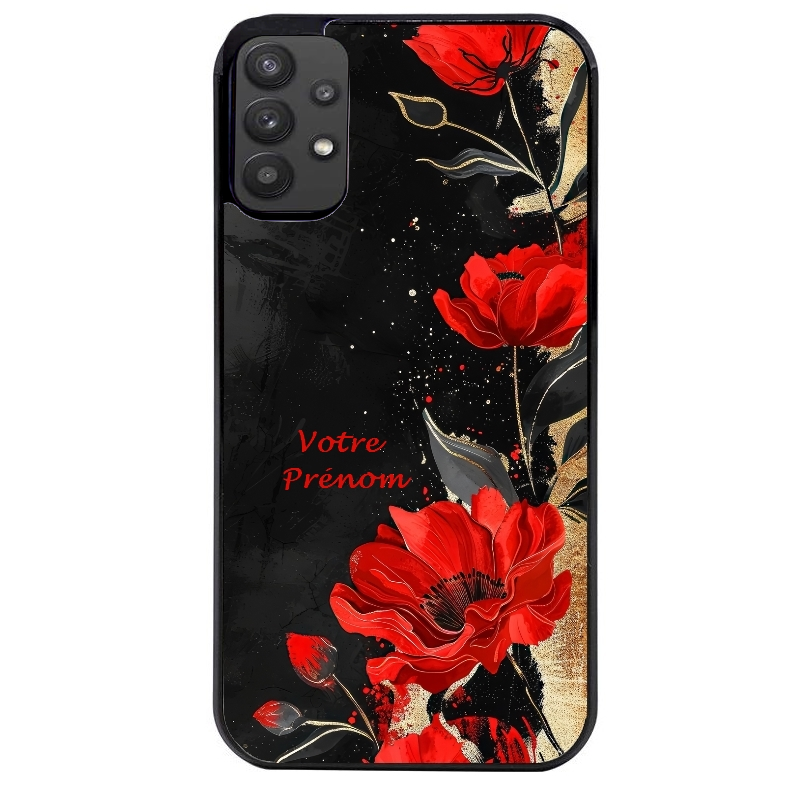 Coque noire taperso pour galaxy A22 A32 A52 A52S 4G 5G  avec motif fleur rouge avec prenom protection antichoc personnalisée