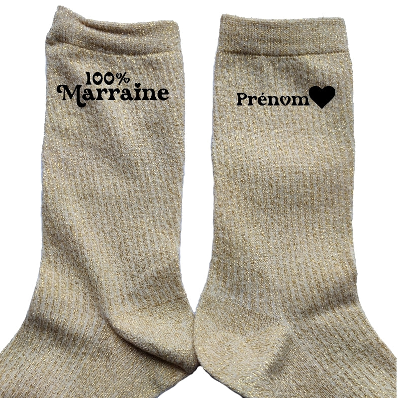 Chaussettes personnalisée paillettes doré motif marraine 100%