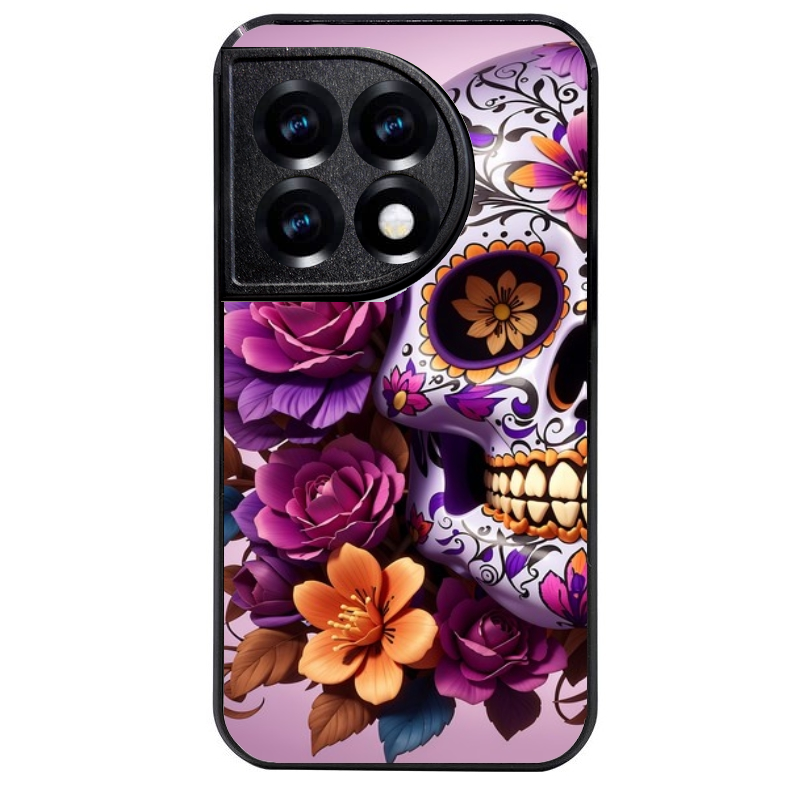 Coque noire taperso pour OnePlus 11 et 12 avec motif tete de mort calavera violette protection antichoc personnalisée