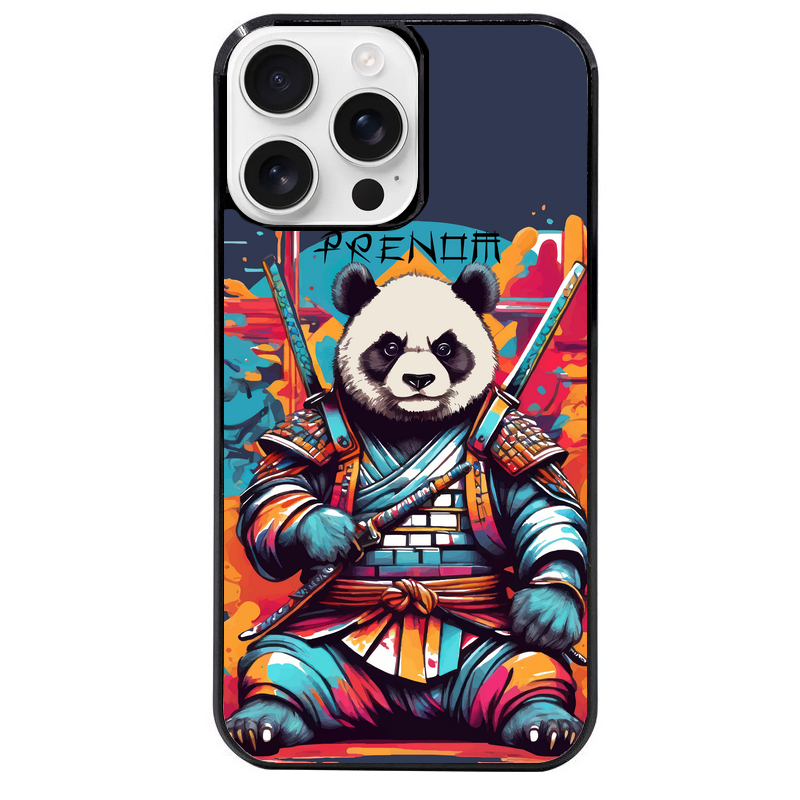 Coque noire taperso pour Iphone 16 16E PLUS MAX PRO avec motif panda katana personnalisee protection antichoc personnalisée