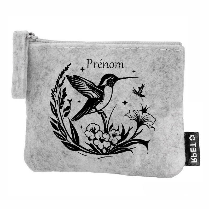 Porte monnaie personnalisé colibri fleur en feutrine en feutrine