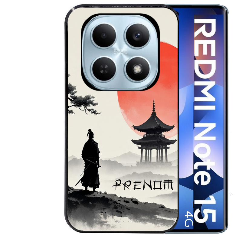 Coque noire taperso pour Redmi Note 15 et PRO PLUS 4G 5G avec motif samourai et temple personnalisee protection antichoc personnalisée