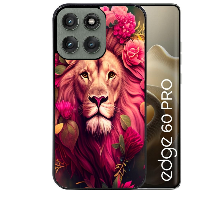 Coque noire taperso pour Moto Edge 60 et Neo Fusion Pro avec motif lion et fleurs rose protection antichoc personnalisée