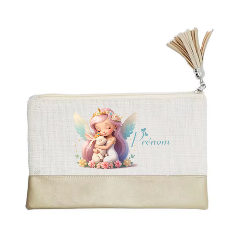 Pochette personnalisée motif fée lapin en toile et simili cuir personnalisée