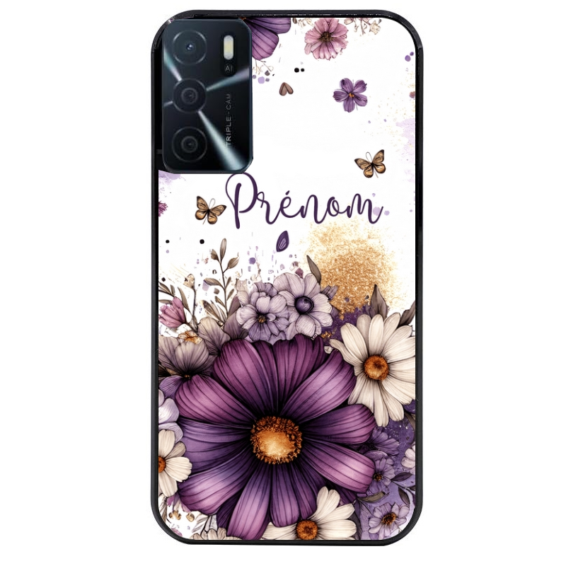 Coque noire taperso pour OPPO A16 et A16S avec motif fleur violette personnalisee protection antichoc personnalisée
