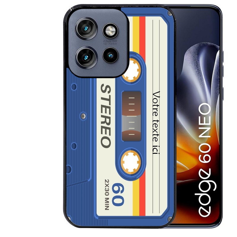 Coque noire taperso pour Moto Edge 60 et Neo Fusion Pro personnalisable avec motif cassette bleu protection antichoc personnalisée