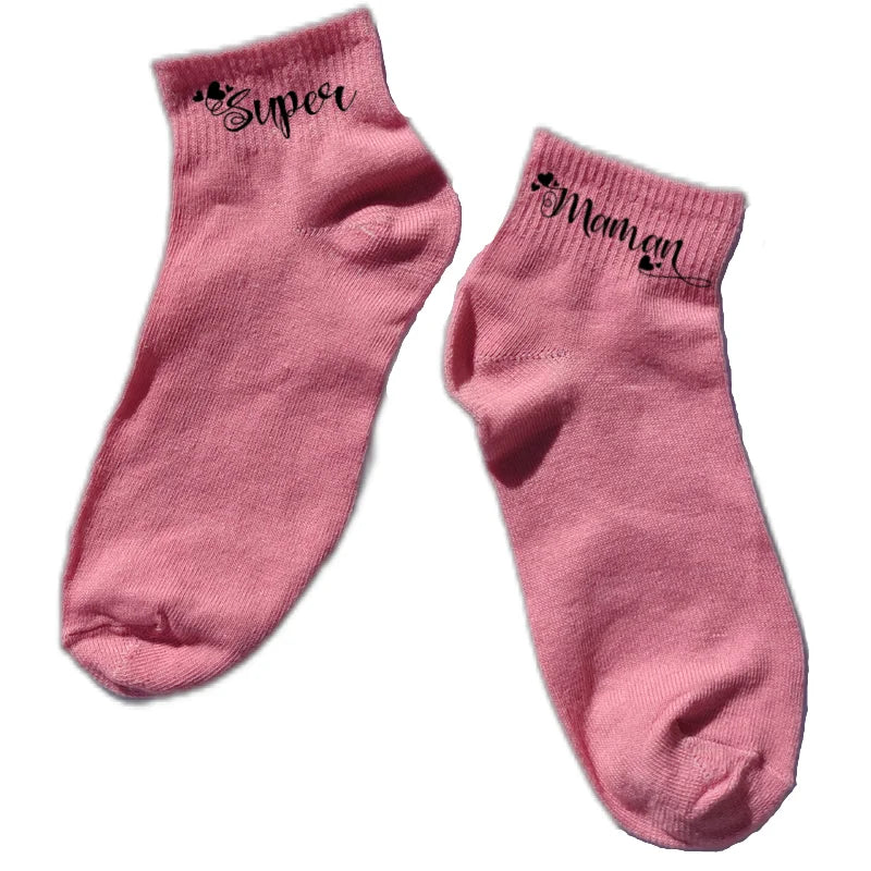 Chaussette courte super maman disponible en blanc, rose, vert, jaune, violet et bleu