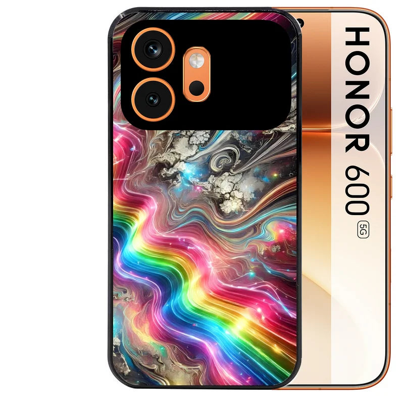 Coque noire taperso pour Honor 600 et 600 PRO avec motif marbre arc en ciel protection antichoc personnalisée