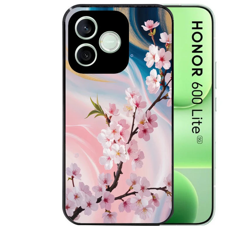 Coque noire pour Honor 600 LITE avec motif marbre fleur cerisier protection antichoc personnalisée