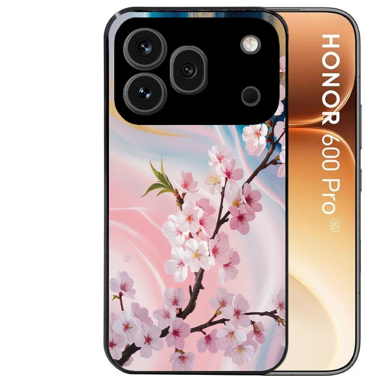 Coque noire taperso pour Honor 600 et 600 PRO avec motif marbre fleur cerisier protection antichoc personnalisée
