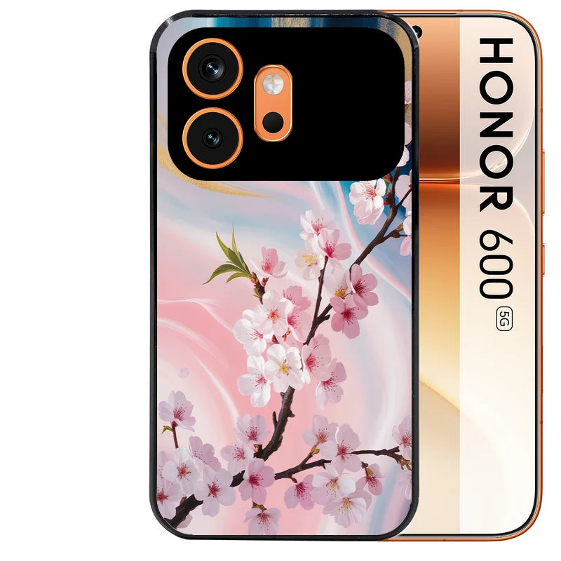 Coque noire taperso pour Honor 600 et 600 PRO avec motif marbre fleur cerisier protection antichoc personnalisée